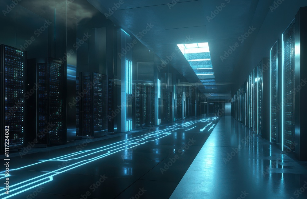 Aufkleber futuristic data center interior with neon lights, rows of servers, and glowing circuit patterns high