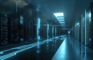 Fototapeta premium Futuristic Data Center Interior with Neon Lights, Rows of Servers, and Glowing Circuit Patterns Highlighting a High-Tech Environment for Digital Storage Solutions