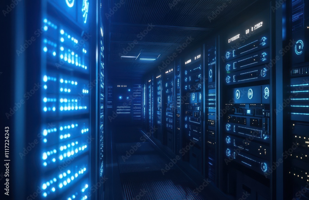 Poster futuristic data center with high-tech racks and illuminated panels in a blue glow, showcasing advanc