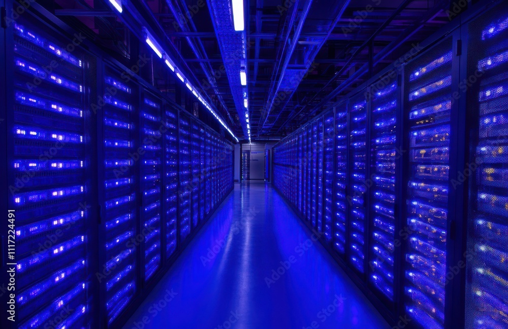 Poster futuristic data center with rows of servers illuminated by blue led lights, creating a high-tech atm
