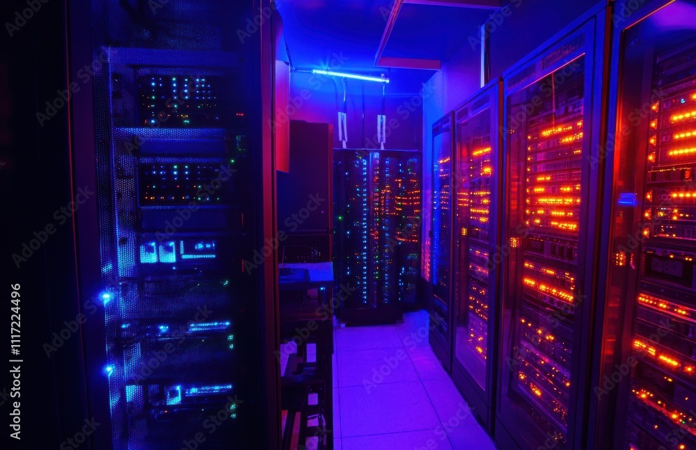 Poster futuristic data center with vibrant led lights showcasing high-tech server racks and complex network
