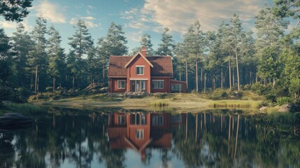 Obraz premium A serene red house by a lake surrounded by trees under a clear sky.