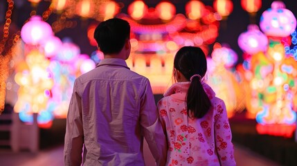Obraz premium Romantic couple admiring colorful festival lights during a cultural celebration, showcasing joyful atmosphere and vibrant decorations in the evening glow.