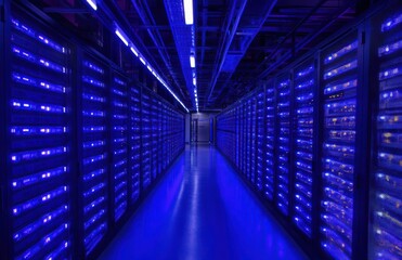 Obraz premium Futuristic Data Center with Rows of Servers Illuminated by Blue LED Lights, Creating a High-Tech Atmosphere of Modern Computing and Data Processing