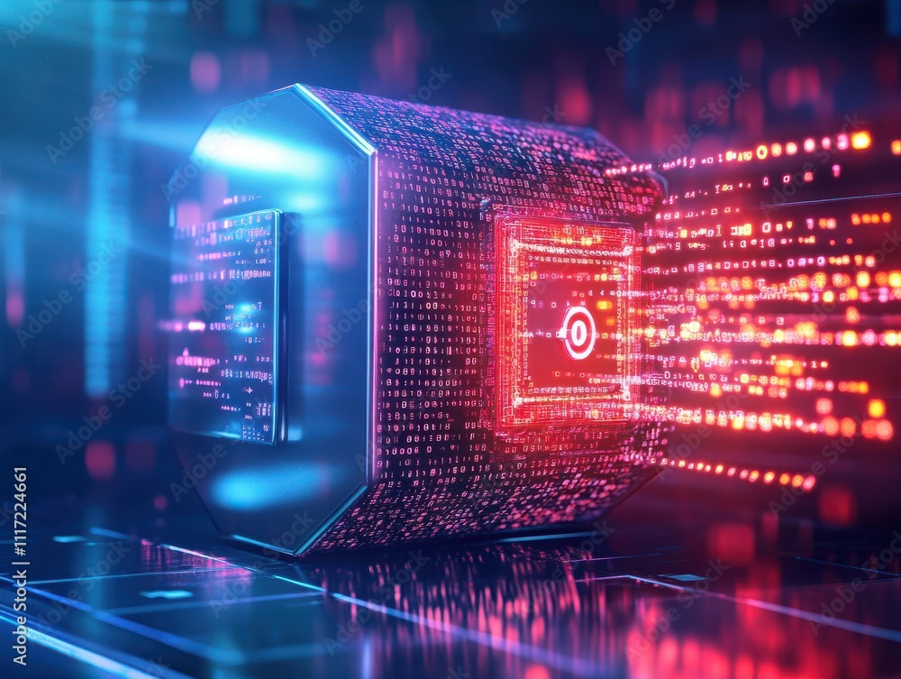 Poster futuristic data transmission device with glowing binary code and vibrant light effects representing 