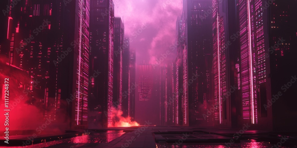 Poster futuristic cityscape neon glowing server racks cloud computing data center
