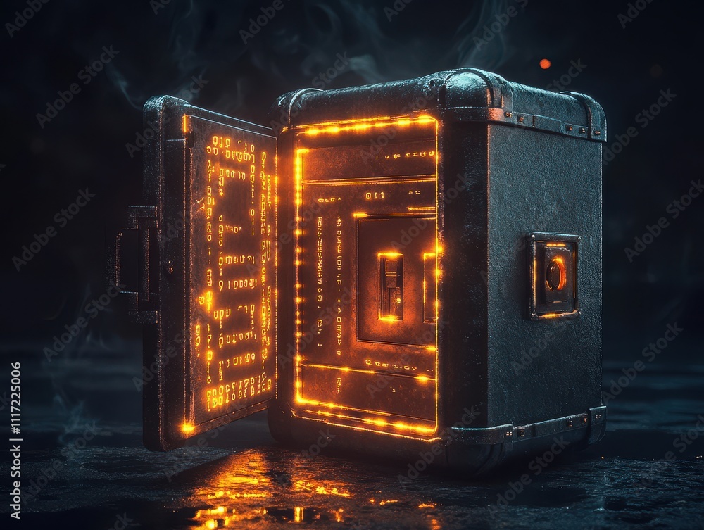 Poster futuristic digital safe with open door and glowing circuit patterns, symbolizing cybersecurity and d
