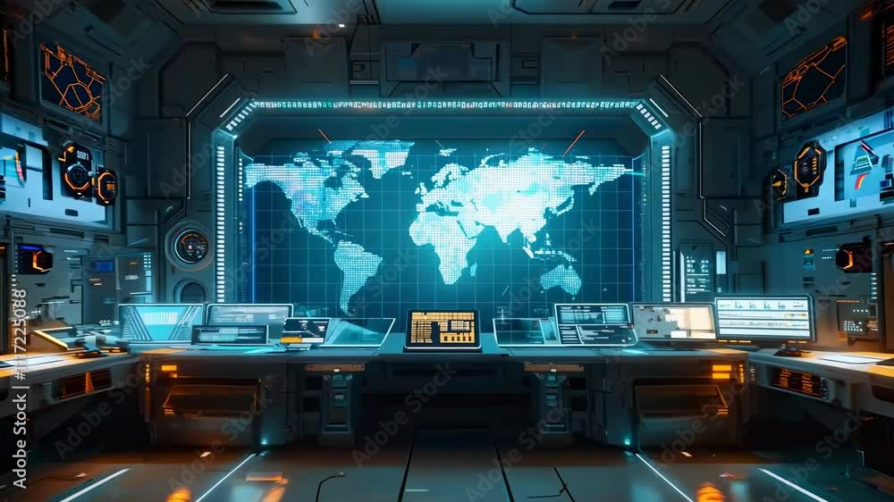 Poster futuristic control room with global map display