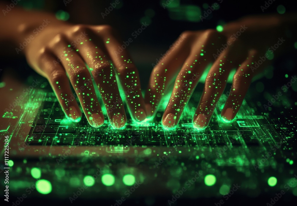 Aufkleber futuristic hands typing on a digital keyboard surrounded by glowing green particles representing tec