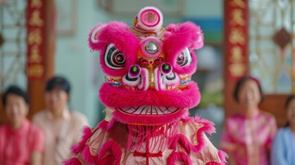 Obraz premium Vibrant Traditional Lion Dance Performance Celebrating Cultural Heritage and Festivity in Colorful Attire Wearing Pink Lion Mask and Engaging Audience in Exciting Environment