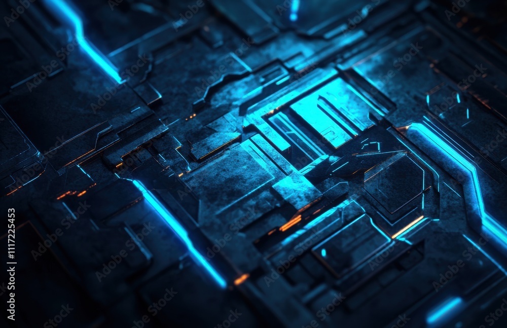 Poster futuristic metallic background with intricate circuitry patterns illuminated by blue and orange ligh