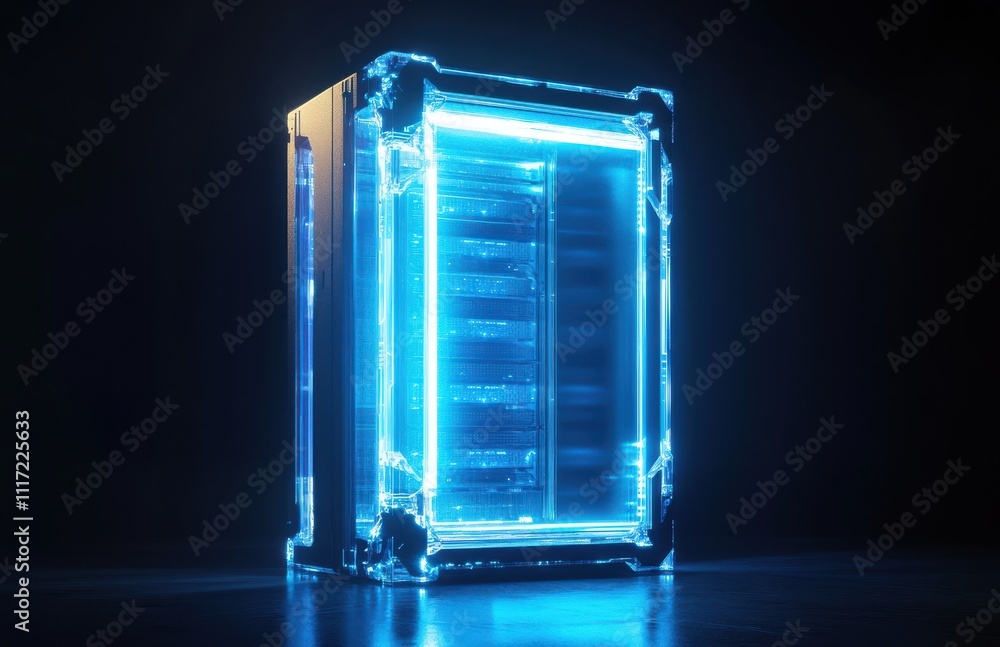 Poster futuristic neon refrigerated container with illuminated interior and transparent design, offering a 