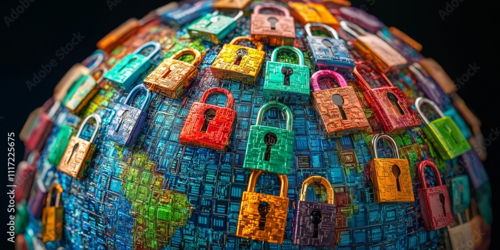 Aufkleber global cybersecurity digital locks protecting data encryption on earth