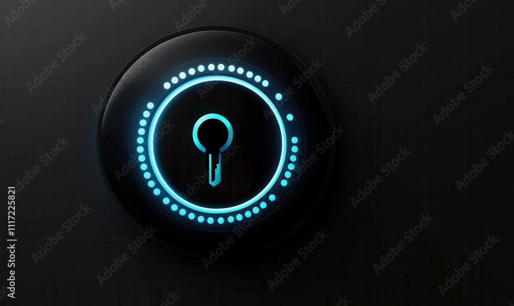 Poster futuristic smart lock interface with circular design and glowing blue light on dark background for s