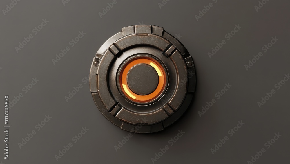 Aufkleber futuristic technology button with a glowing orange light set against a dark background, symbolizing 