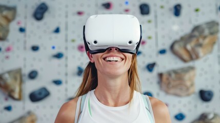 Excited Woman Wearing Virtual Reality Headset in Climbing Gym Enjoying Her Experience and Embracing New Technology While Smiling Brightly Against Colorful Wall Background