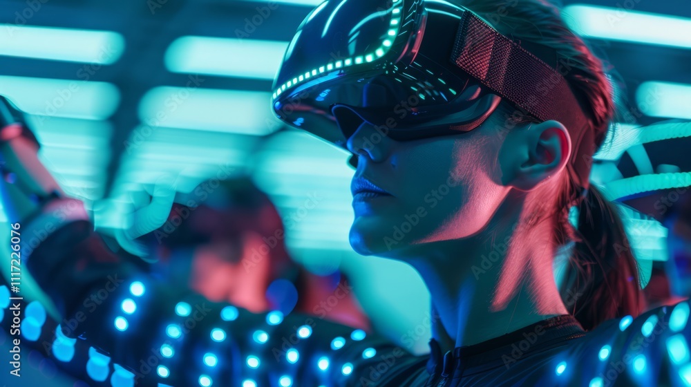 Poster Immersive Virtual Reality Experience with Innovative Technology and Dynamic Neon Lights in a Futuristic Setting