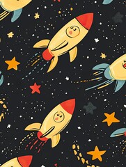 Cartoon pattern of Duck flying with rocket to space, stars.