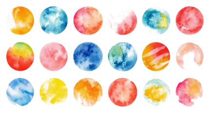 Set of color watercolor circle set. Vector smear watercolor splash stain on transparent background. 