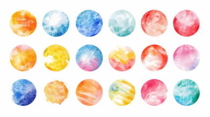 Set of color watercolor circle set. Vector smear watercolor splash stain on transparent background. 