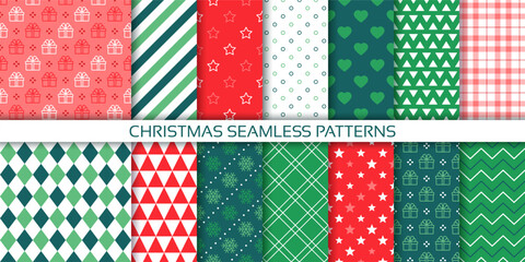 Christmas wallpapers. Seamless pattern. Xmas backgrounds. Set holiday wrapping papers with gift box, zigzag, snowflakes, stars, stripes. Green red textures. Festive wrap prints. Vector illustration