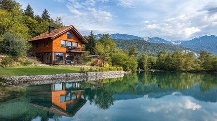 Fototapeta premium Scenic lakeside house reflecting in calm water, surrounded by mountains and trees.