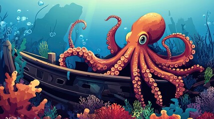 Obraz premium An Octopus Rests Upon a Sunken Ship Wreck
