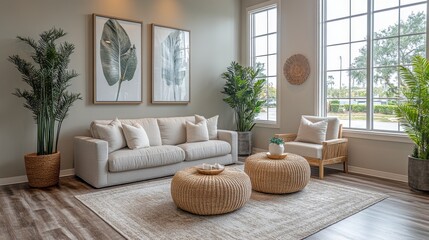 Fototapeta premium A bright living room showcases a comfortable couch, decorative plants, and woven accents. Large windows invite natural light, enhancing the inviting ambiance of the space.
