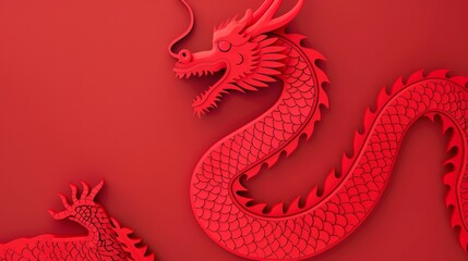 Fototapeta premium Intricate Paper-Cut Style Red Dragon Design on a Vibrant Red Background Symbolizing Strength and Prosperity for Cultural Celebrations and Artistic Representations