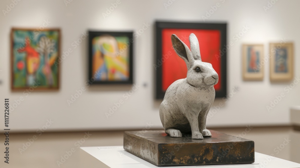 Poster modern art gallery display featuring a unique rabbit sculpture with colorful abstract paintings in b