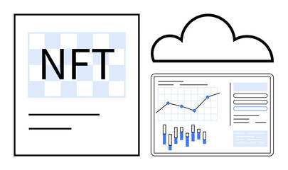NFT document, cloud storage icon, and data analytics dashboard with charts. Ideal for blockchain technology, digital assets, online security, cloud computing, data analysis, finance, tech innovation