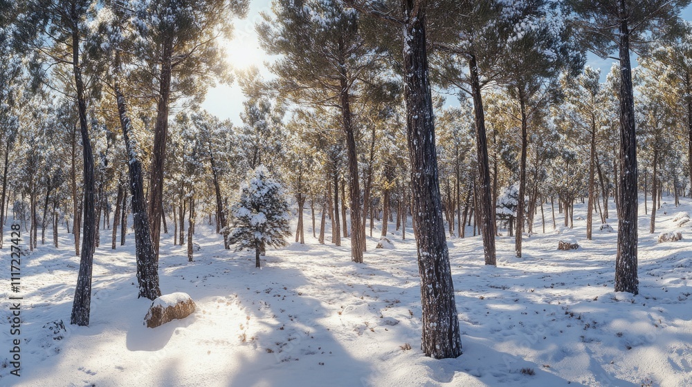 Poster in a peaceful forest, soft snow envelops towering trees, creating a serene winter wonderland. sunlig