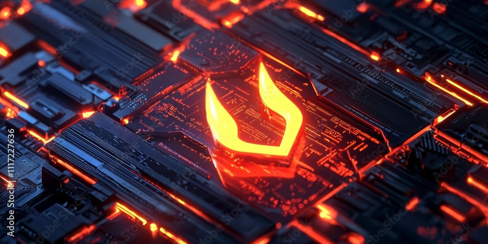Poster futuristic data center glowing servers network security firewall