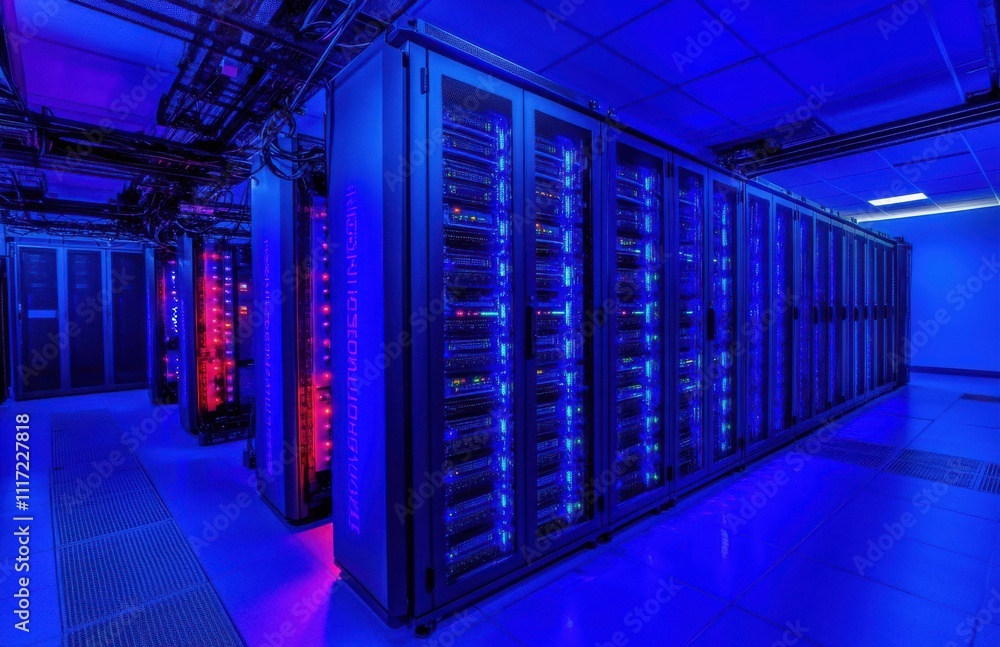 Poster high-tech data center with advanced server racks illuminated by blue led lights, showcasing modern c