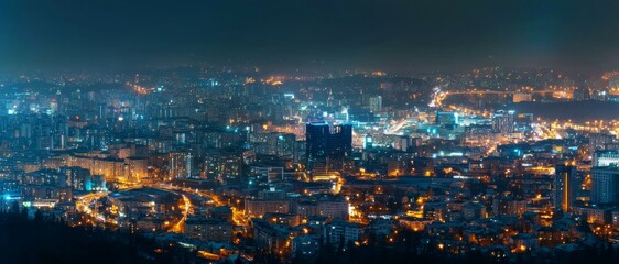 Fototapeta premium Night Cityscape Panoramic Urban View Illuminated Buildings City Lights High Resolution