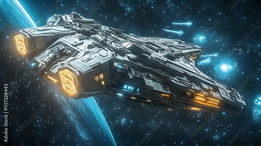 Poster a futuristic spaceship navigating through space near a planet.