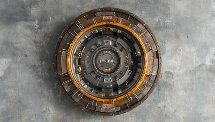 Obraz premium Intricate Industrial Design of a Round Mechanical Device with Yellow Accents on a Textured Gray Background, Ideal for Technology and Innovation Themes