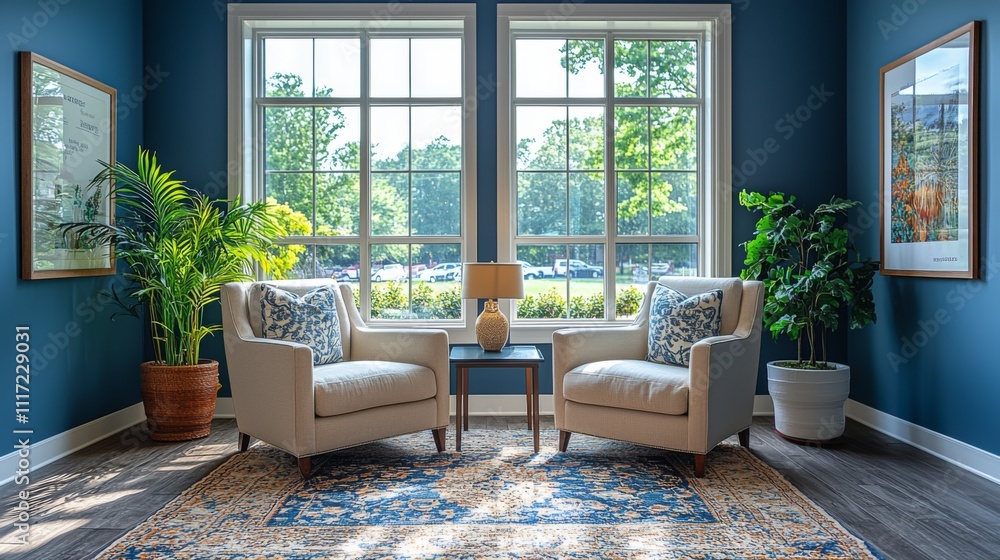 Aufkleber two comfortable armchairs are positioned in a bright corner with large windows, creating a warm gath