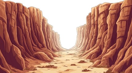 a 2D cartoon illustration of a canyon with steep cliffs, dramatic and rugged, white background--ar 16:9