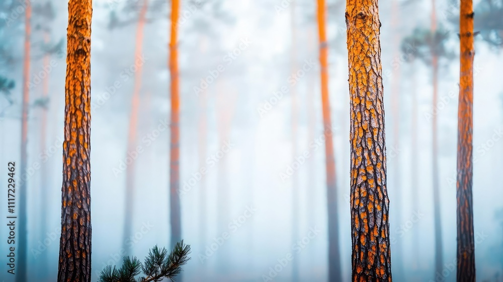 Poster Tall trees shrouded in mist, creating a serene atmosphere in a forest environment.