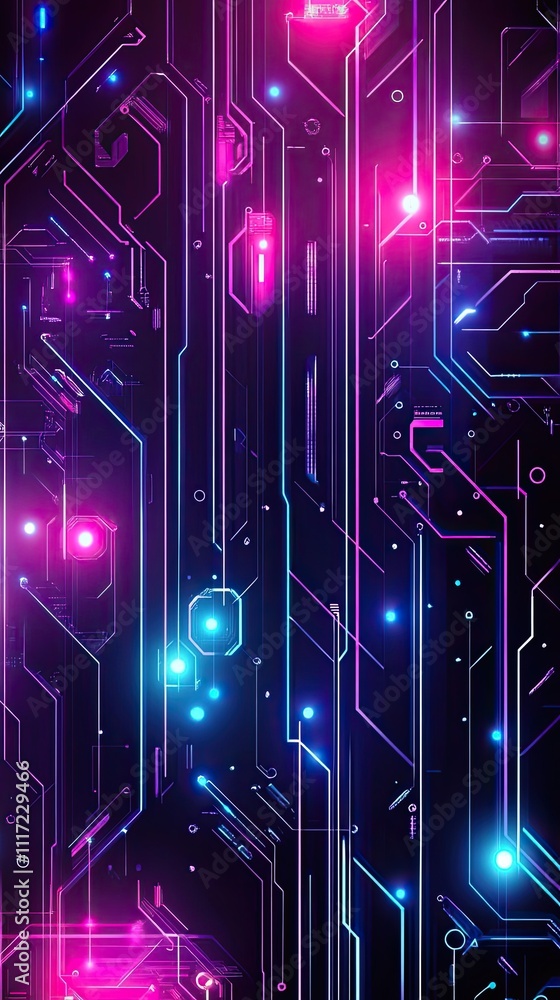 Poster abstract neon circuit board design with glowing lines