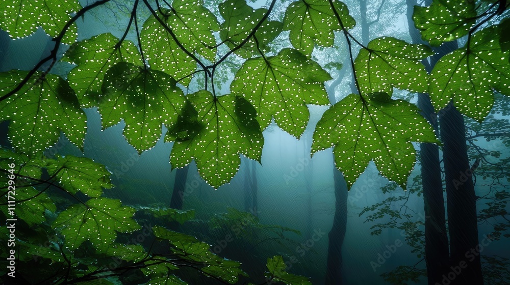 Poster enchanting forest scene featuring lush green leaves adorned with droplets, creating a serene atmosph