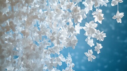 A cascade of white paper snowflakes hanging from nearly invisible threads, gently swaying against a frosty blue background