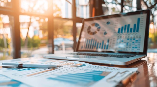 Laptop with various business analytics graphs charts and reports displayed on the screen in a modern office workspace setting showcasing data driven decision making and strategic planning