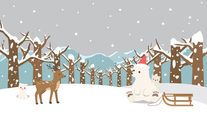 冬の森の風景　可愛いシロクマの親子（フルHD 16:9サイズ）