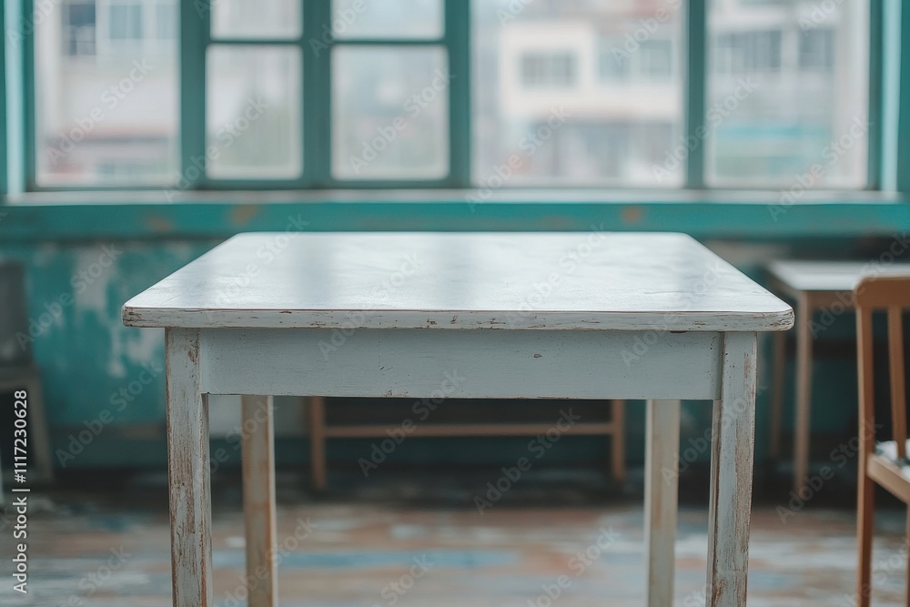 Aufkleber rustic white table with worn paint sits by window. ideal for product display, showcasing rustic char