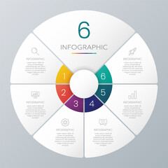 Circle chart infographic template with 6 options for presentations.