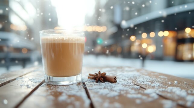 Hot coffee in a clear glass sits on a rustic wooden table sprinkled with snow. Cumin and a few cinnamon sticks add warmth and spice to the setting. Snow falls gently on a beautifully lit city street.