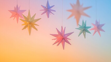 A whimsical arrangement of multicolored paper flakes shaped like stars and circles, suspended in mid-air against a gradient sunset background
