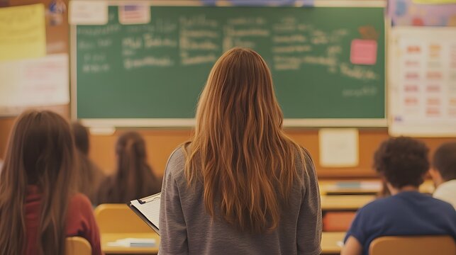 A cinematic shot of a teacher with a clipboard, pacing the front of the classroom as they ask open-ended questions to engage the students.